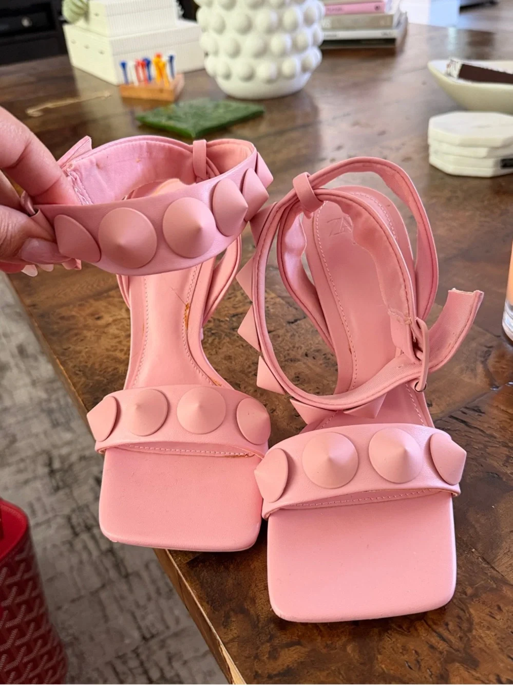 Pink Studded Ankle-Strap Heels - Women